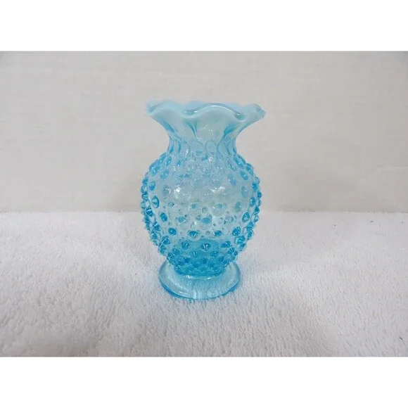 Fenton Vase Hobnail Aqua Blue Opalescent Glass Bud Small 3.5” Ruffle Edge Set 2 - Picture 9 of 16